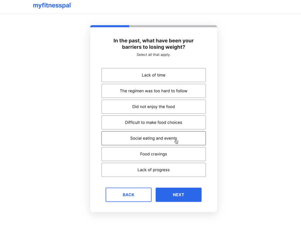 myfitnesspal account setup page selecting your barriers to losing weight