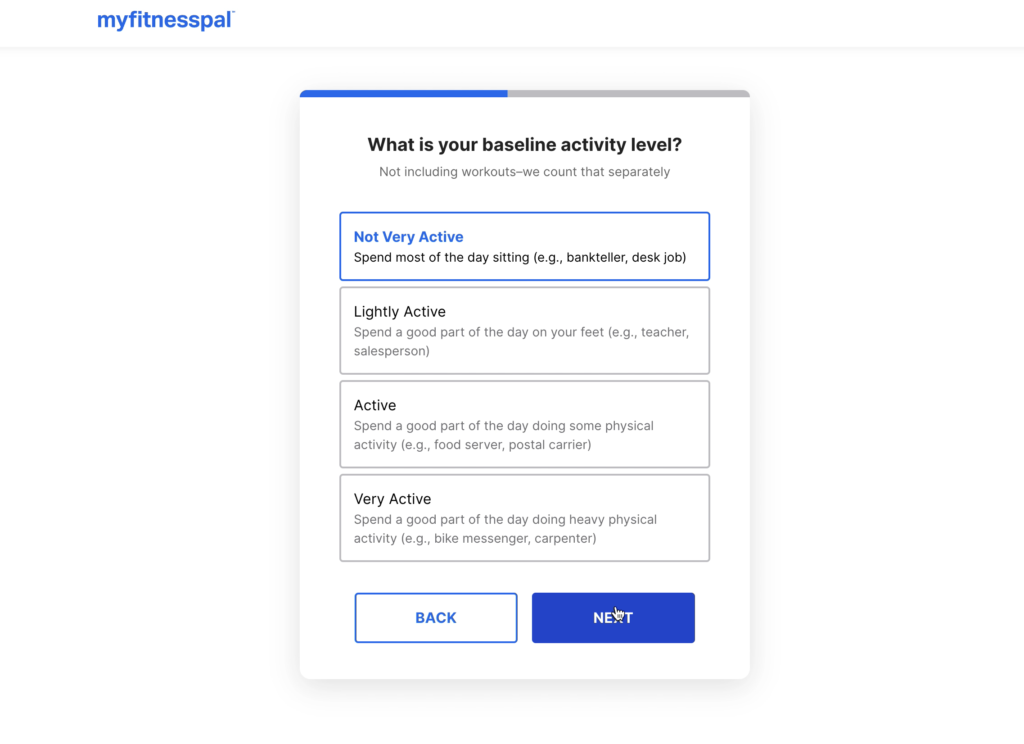 account setup page to choose your baseline activity level