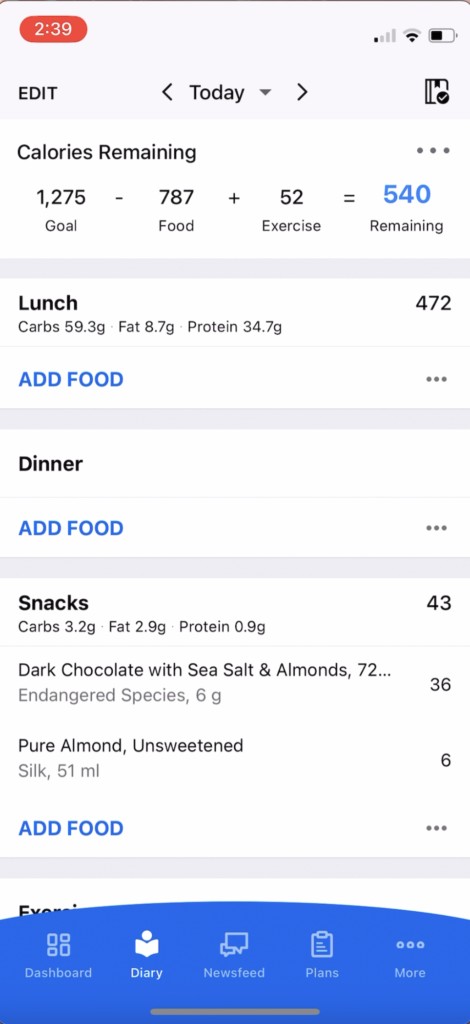 diary page for where you log your food