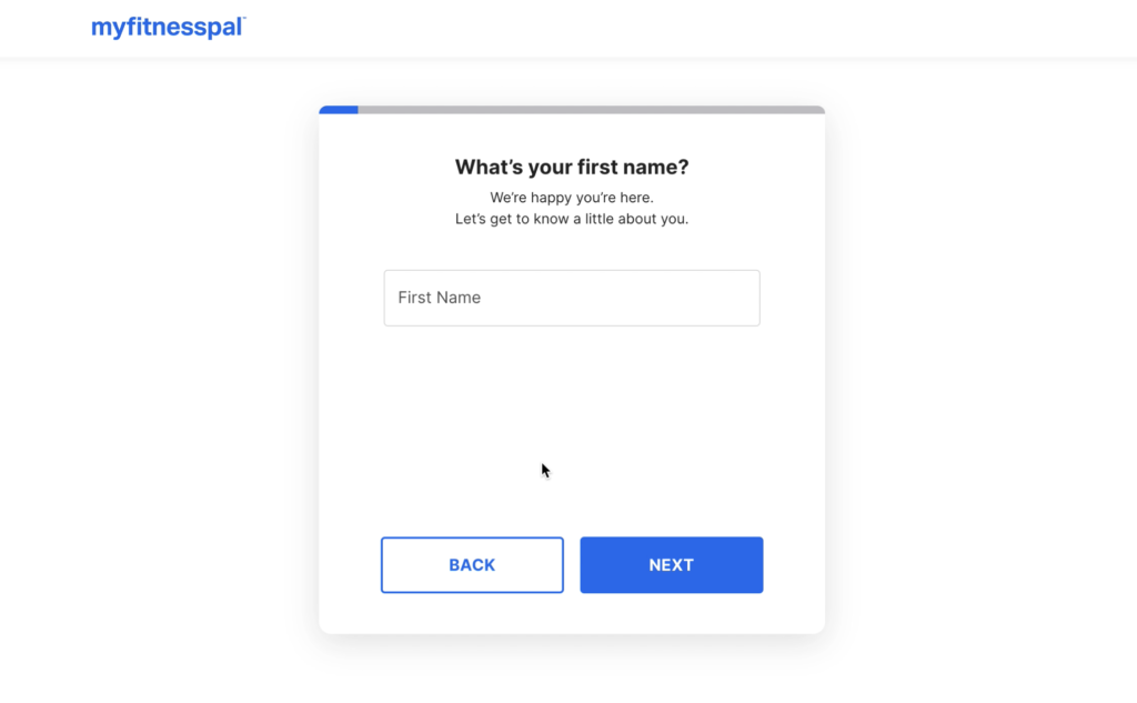 myfitnesspal account setup page to enter your name