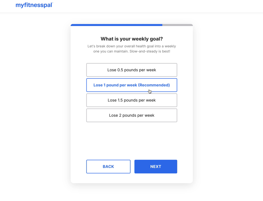 account setup page to choose your weekly weight loss goal