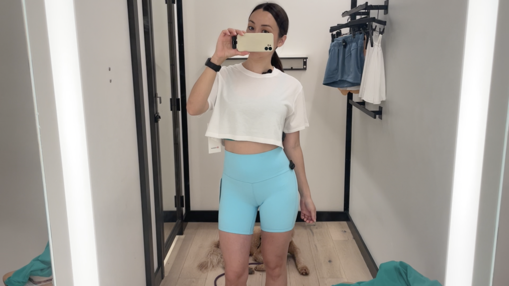 link to outfit on LTK shop.  lululemon all yours cropped tee and align shorts in cyan blue