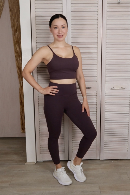 Front view of Esther wearing Patitoff 2.0 Leggings and Cropped Padded Yoga Cami .